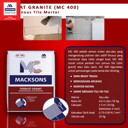 MACKSONS: Semen Macksons MC-400 Homogenous Tile Mortar/Perekat granite tile (isi 25Kg/sak)